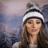 Дамска шапка с еко пух в бяло, сиво и черно Дамска шапка с еко пух в бяло, сиво и черно