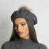 Дамска зимна барета тъмно сива естествен помпон
