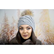 Сива дамска зимна шапка с помпон естествен пух Сива дамска зимна шапка с помпон естествен пух