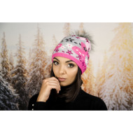 Дамска зимна шапка с еко пух розови и сиви цветя Дамска зимна шапка с еко пух розови и сиви цветя