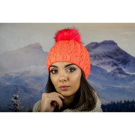 Зимна дамска шапка еко пух и полар неоновооранжева Зимна дамска шапка еко пух и полар неоновооранжева