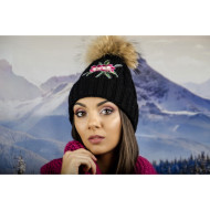 Черна дамска зимна шапка с естествен пух и цвете