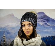 Дамска зимна шапка с лъскав ефект и еко помпон в сребристо