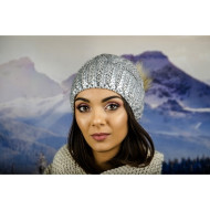 Дамска зимна шапка с лъскав ефект и еко помпон сива