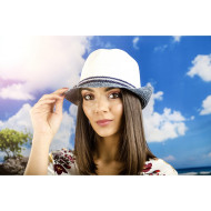 Дамско бомбе в бяло и синьо с връзка