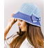 Дамска лятна шапка в син и бял цвят с панделка