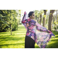 Дамски летен шал с тропически цветя на тъмнолилав фон