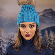 Дамска зимна шапка с помпон енот синя Дамска зимна шапка с помпон енот синя