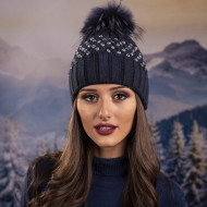 Тъмносиня дамска зимна шапка с камъчета