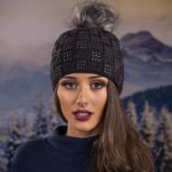 Плетена дамска зимна шапка тъмносива с камъчета